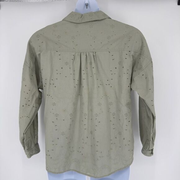 M&S Sage Green Eyelet Embroidered Button-Up Shirt Blouse 14 Cottagecore Timeless - Picture 6 of 9